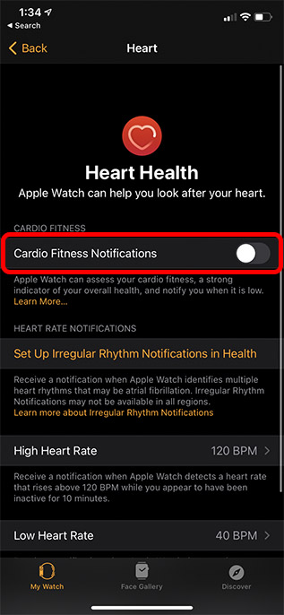 Aktivieren Sie Cardio Fitness Benachrichtigungen Apple Watch