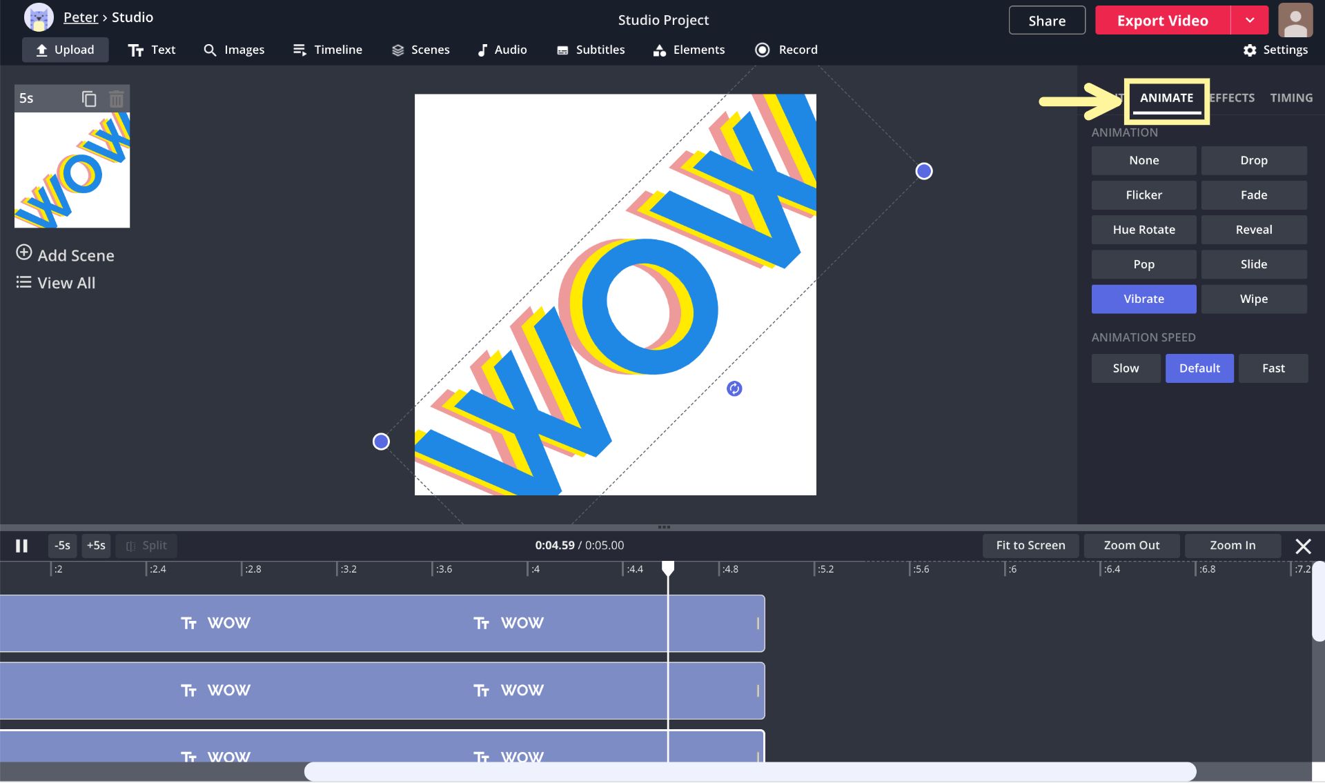 Ein Screenshot zeigt, wie Sie Animationen zu Text im Kapwing Studio hinzufügen. 