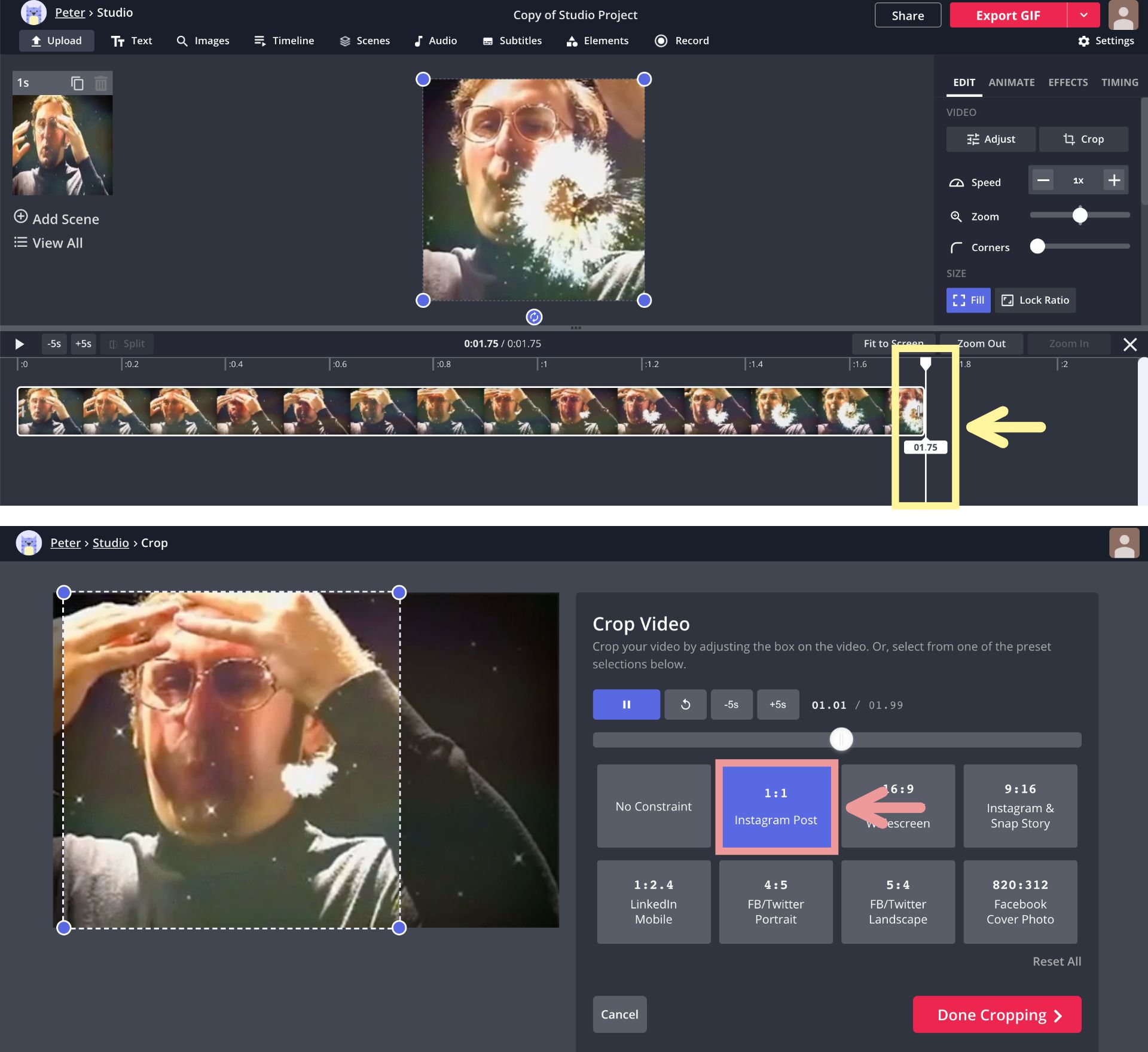 Screenshots zeigen, wie Sie Videos im Kapwing Studio zuschneiden und zuschneiden.