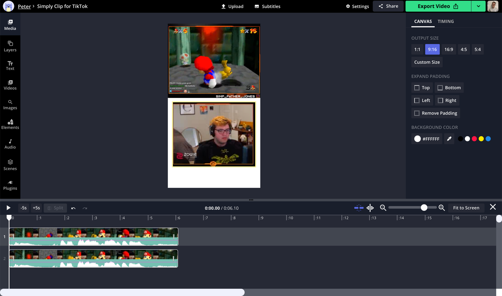 Ein Screenshot, der zeigt, wie man Twitch-Clips für TikTok im Kapwing Studio neu formatiert. 