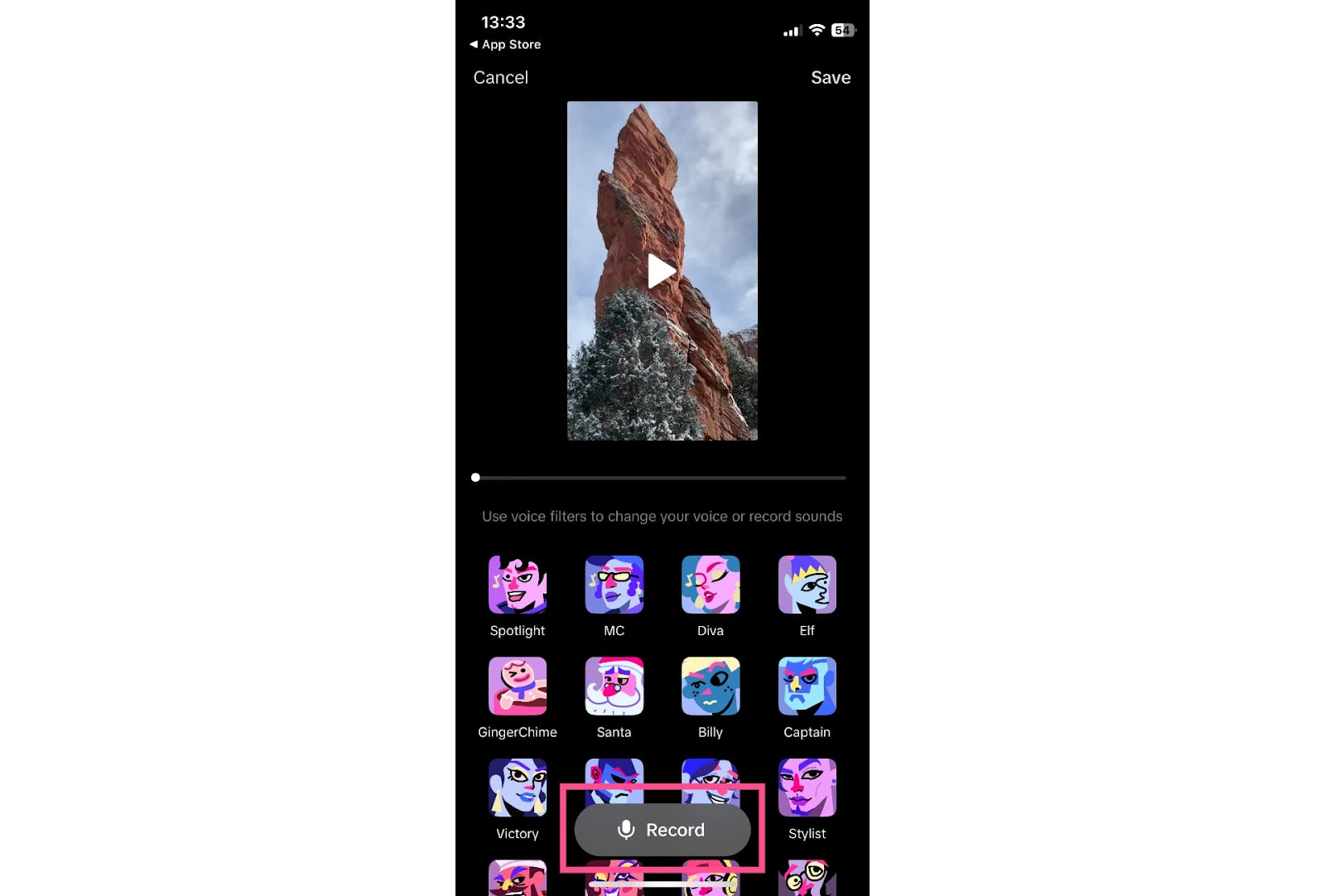 Mobiler Screenshot mit der Schaltfläche „Aufzeichnen“ im TikTok-Editor.
