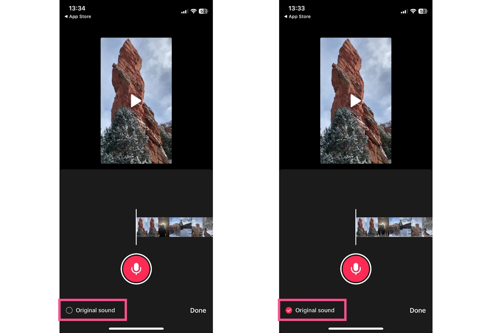 Mobiler Screenshot, der zeigt, wie Sie den ursprünglichen Hintergrundton in einem TikTok-Video beibehalten oder entfernen können.