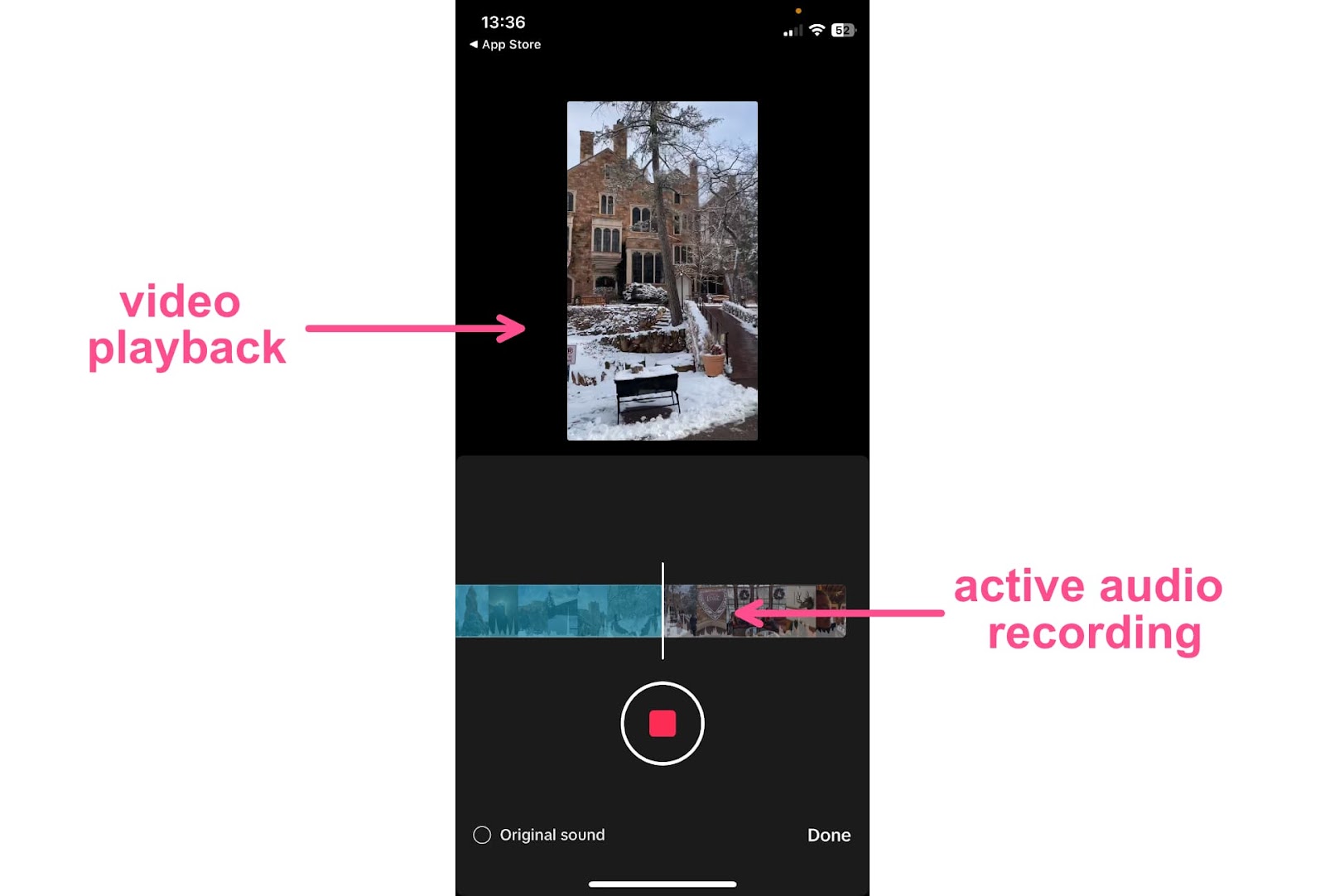 Mobiler Screenshot, der zeigt, wie TikTok Voice-Overs über Ihr Videomaterial aufzeichnet.