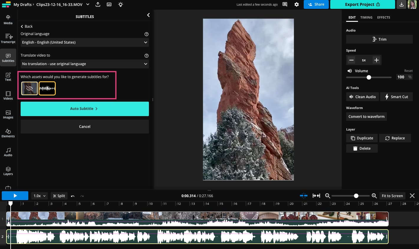 Screenshot des "Stumm" Funktion in Kapwing, die auf das vorhandene Audio eines Videos angewendet wird.