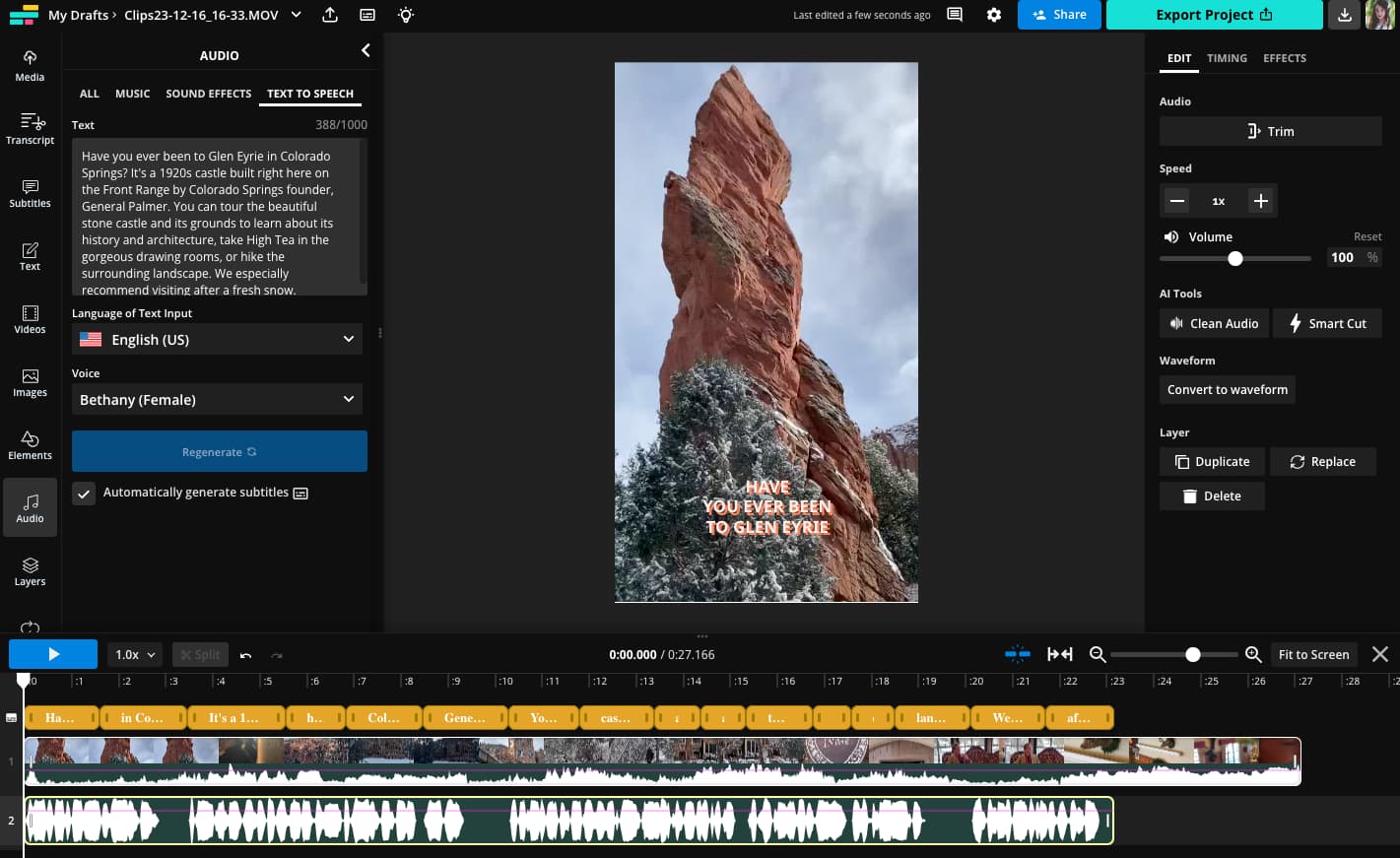 Screenshot einer Audioebene mit einer KI-Stimme, die in Kapwing auf Videomaterial angewendet wird.