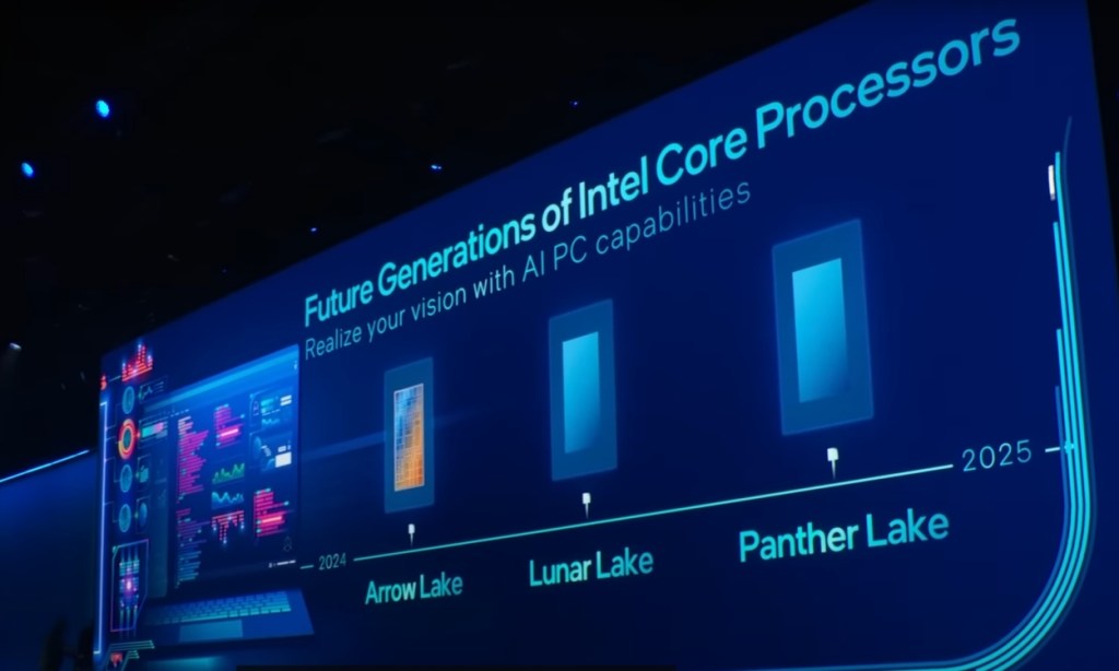 Die Intel-Roadmap zeigt, dass die Prozessoren Arrow Lake, Lunar Lake und Panther Lake später in den Jahren 2024 und 2025 verfügbar sein werden
