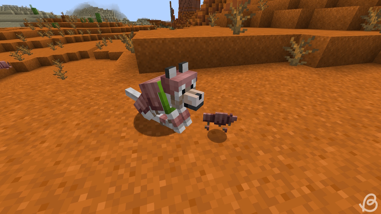 Hund mit Wolfsrüstung und dem Wolfsrüstungsgegenstand davor im Minecraft-Schnappschuss 24w03a