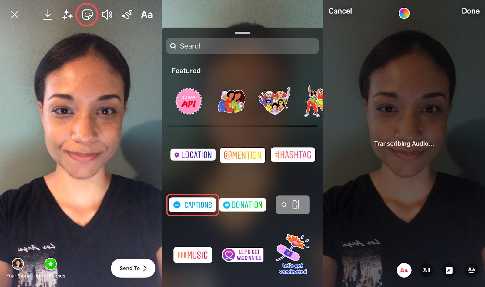 Drei Screenshots, die zeigen, wie man den Auto-Caption-Sticker in Instagram Stories verwendet