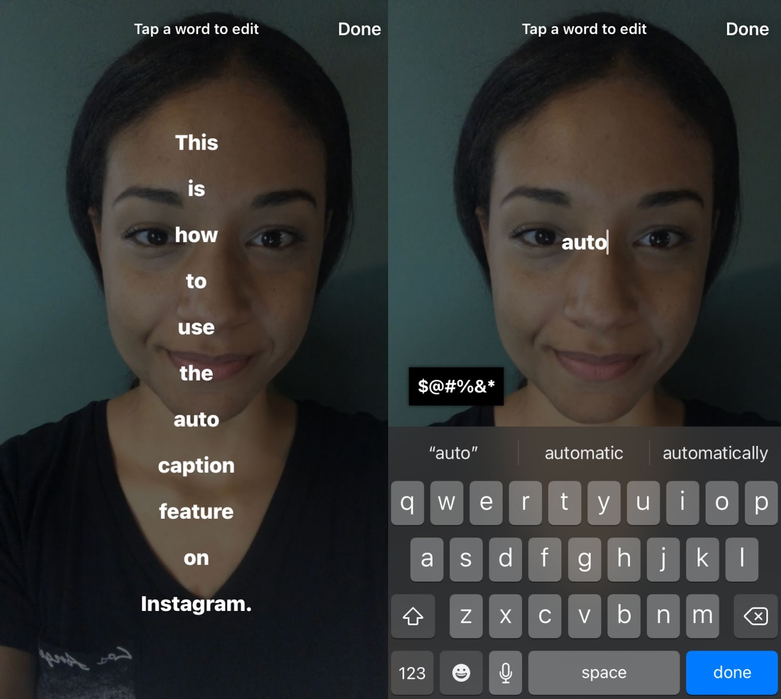 Zwei Screenshots zeigen, wie man automatische Untertitel in Instagram Story bearbeitet