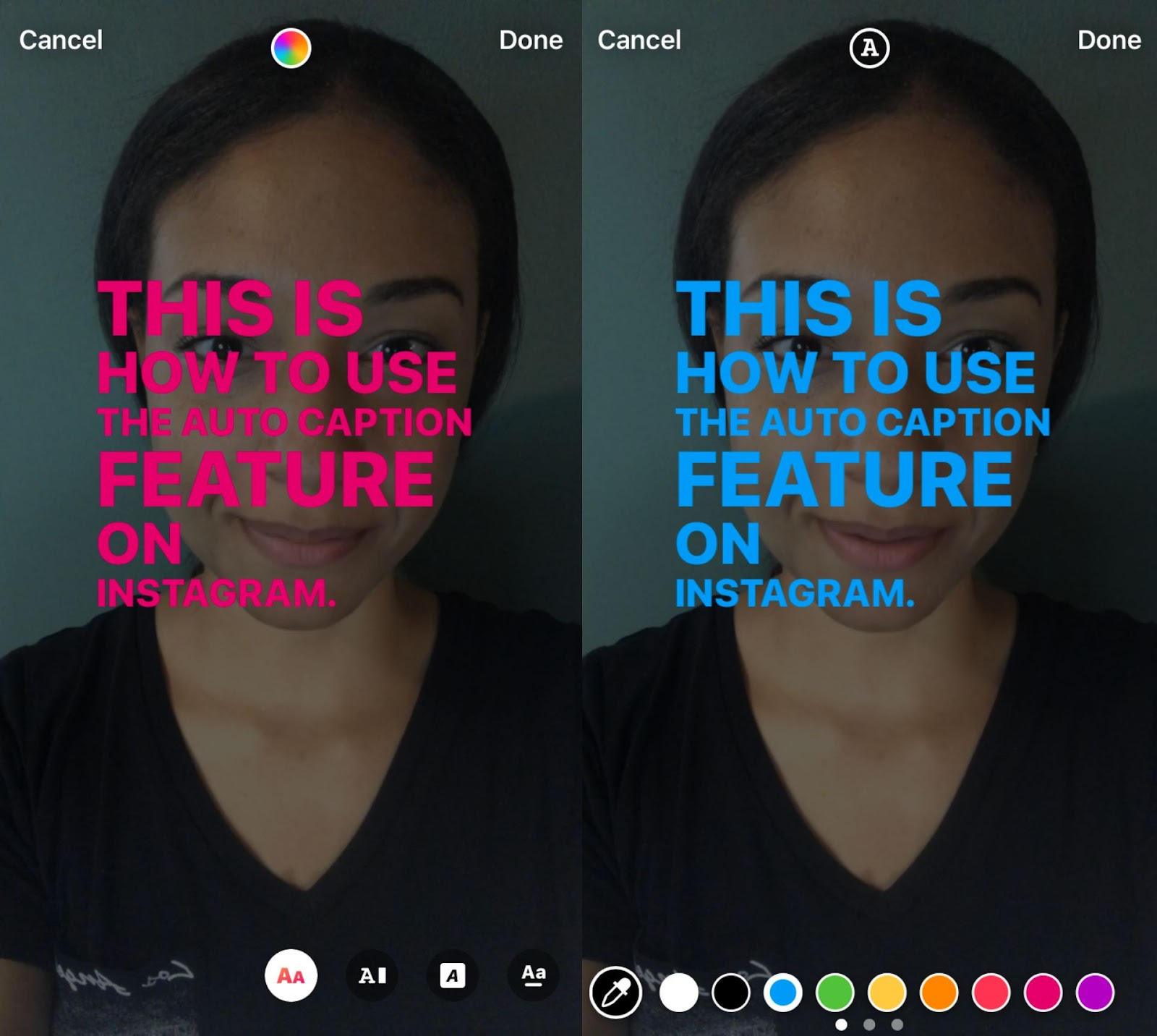 Zwei Screenshots zeigen, wie man die Untertitelfarbe in der Instagram Story ändert