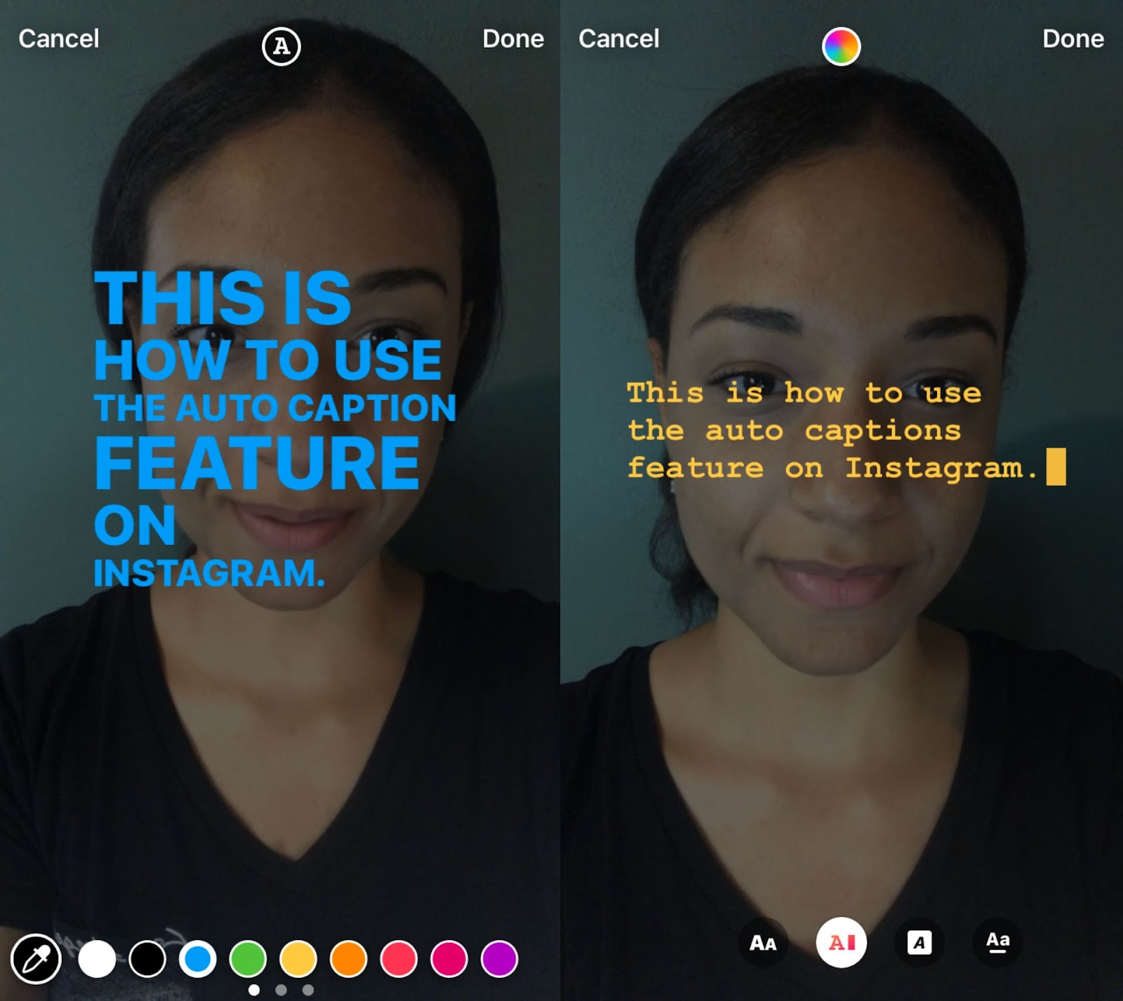 Zwei Screenshots, die zwei Texteffekte des Auto-Caption-Stickers von Instagram zeigen