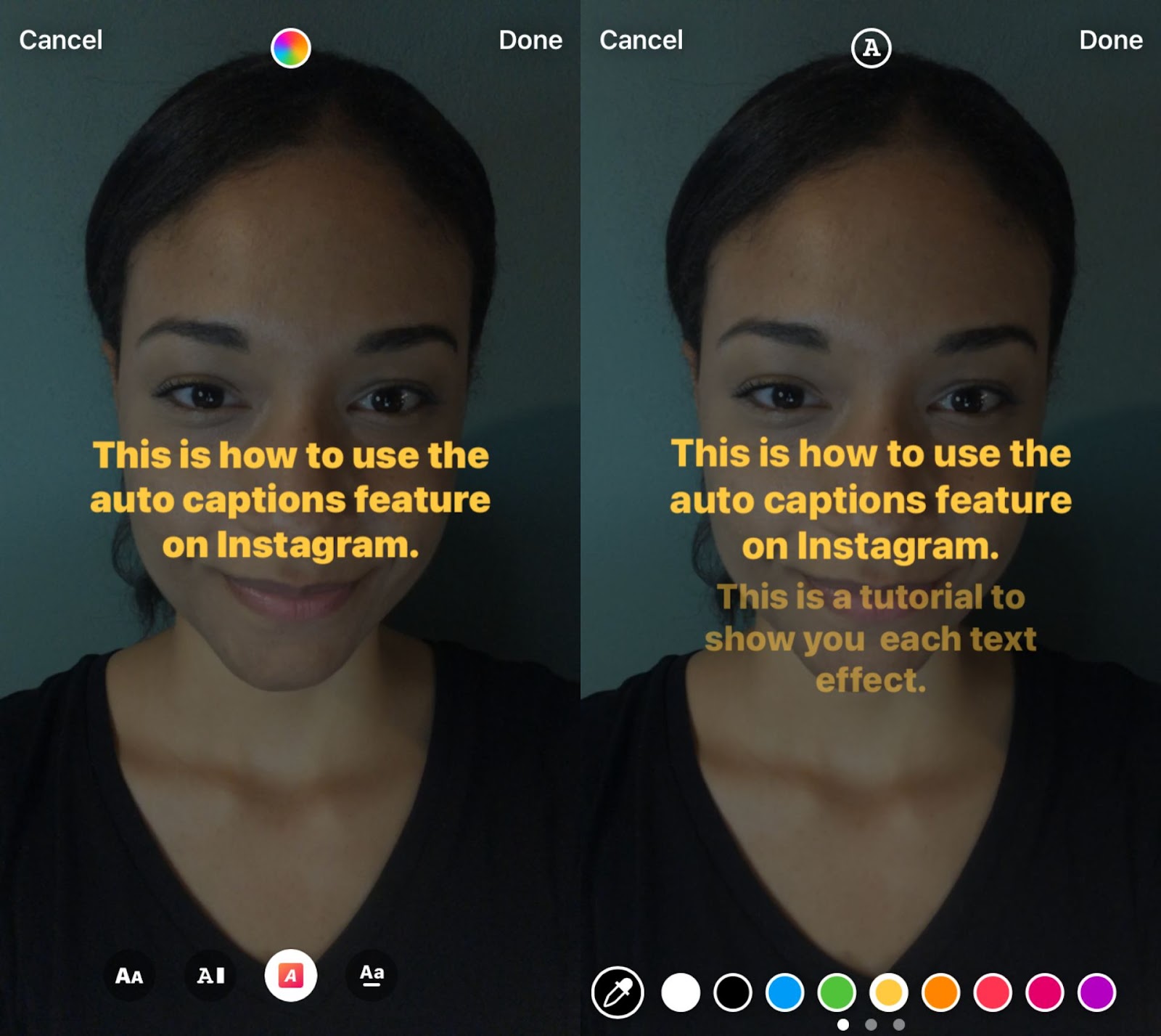 Zwei Screenshots, die Texteffekte des Auto-Caption-Stickers in Instagram zeigen