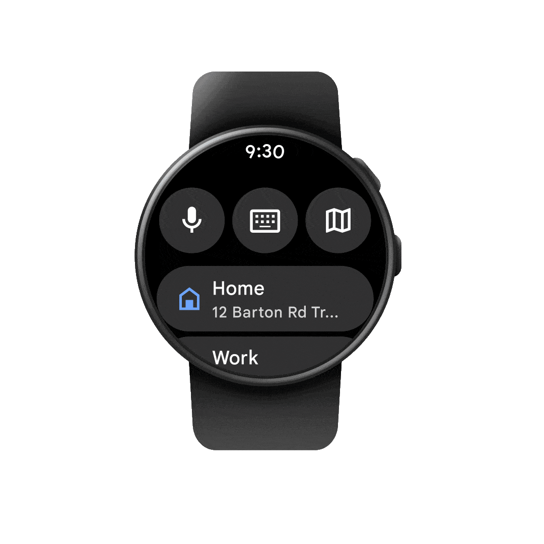 Verwenden einer Wear OS-Smartwatch, um Wegbeschreibungen für öffentliche Verkehrsmittel zu finden und einen Zeitplan für den Besuch eines Cafés zu erstellen.