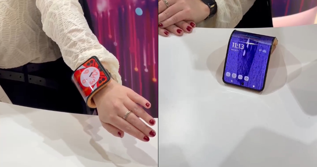 Das biegsame Motorola-Armbandhandy liegt in der Hand und auf dem Tisch