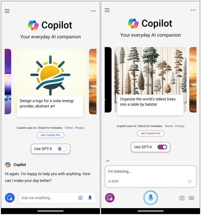 Copilot-Hauptaktivitätsbildschirm als digitaler Assistent auf Android