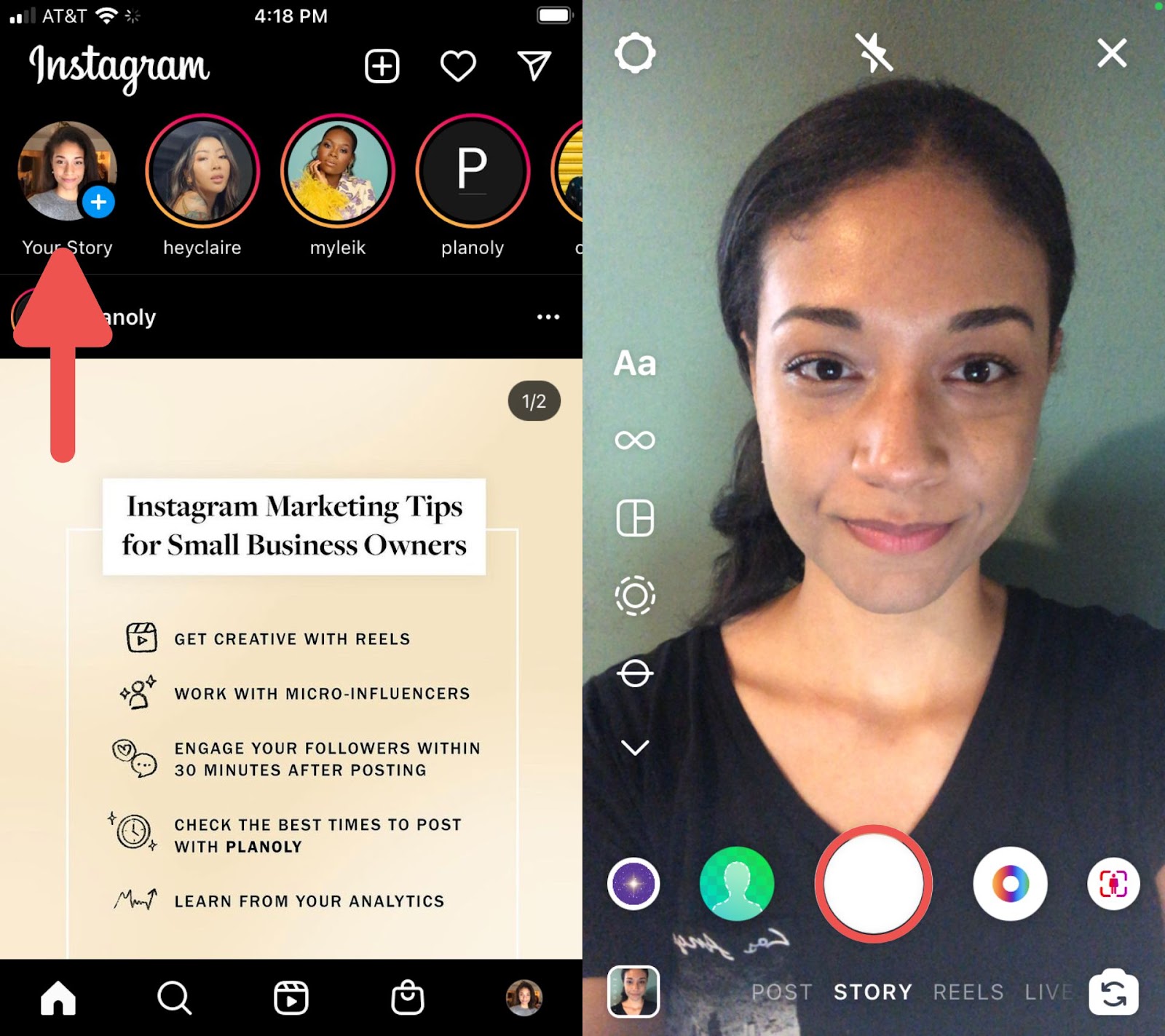 Zwei Screenshots zeigen, wie man Instagram Stories öffnet