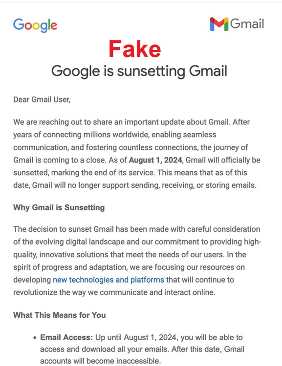 Im Internet kursieren gefälschte E-Mails über die Abschaltung von Gmail