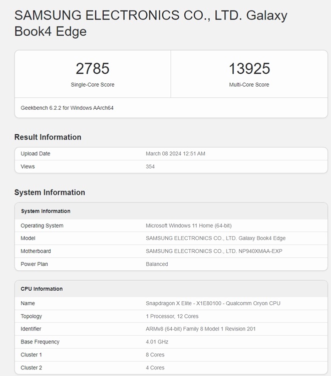 Geekbench-Score von Snapdragon x Elite, der auf dem Galaxy Book4 Edge läuft