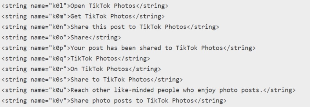 String-Code, der verschiedene Optionen zeigt, die in TikTok Photos verfügbar sein werden