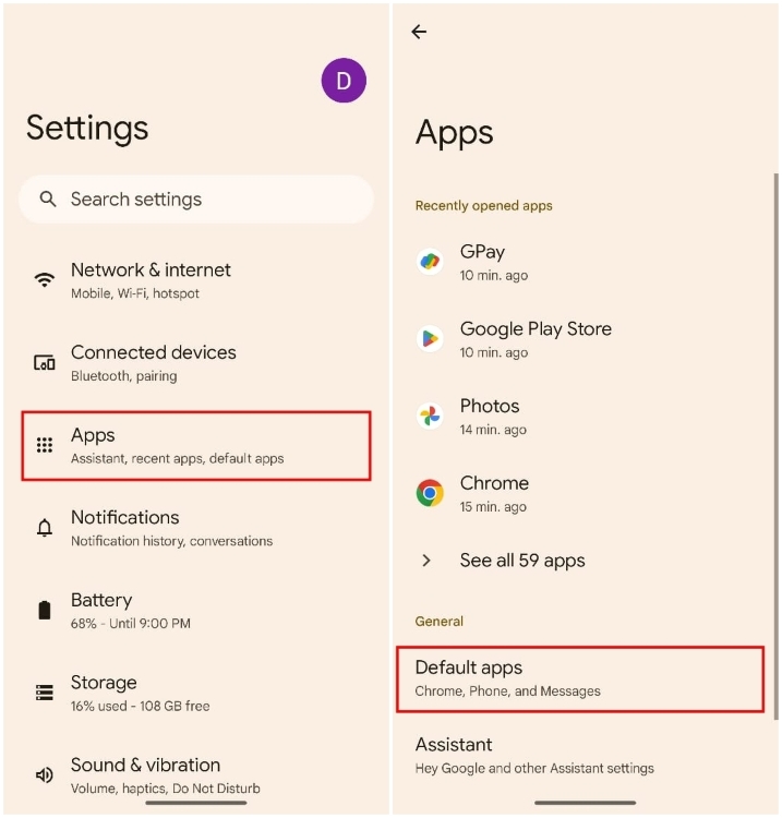 Abschnitt „Standard-Apps“ in Android 15 Beta 1