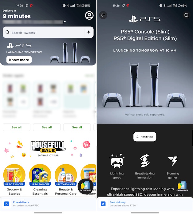 PS5 auf der Blinkit-App in Indien